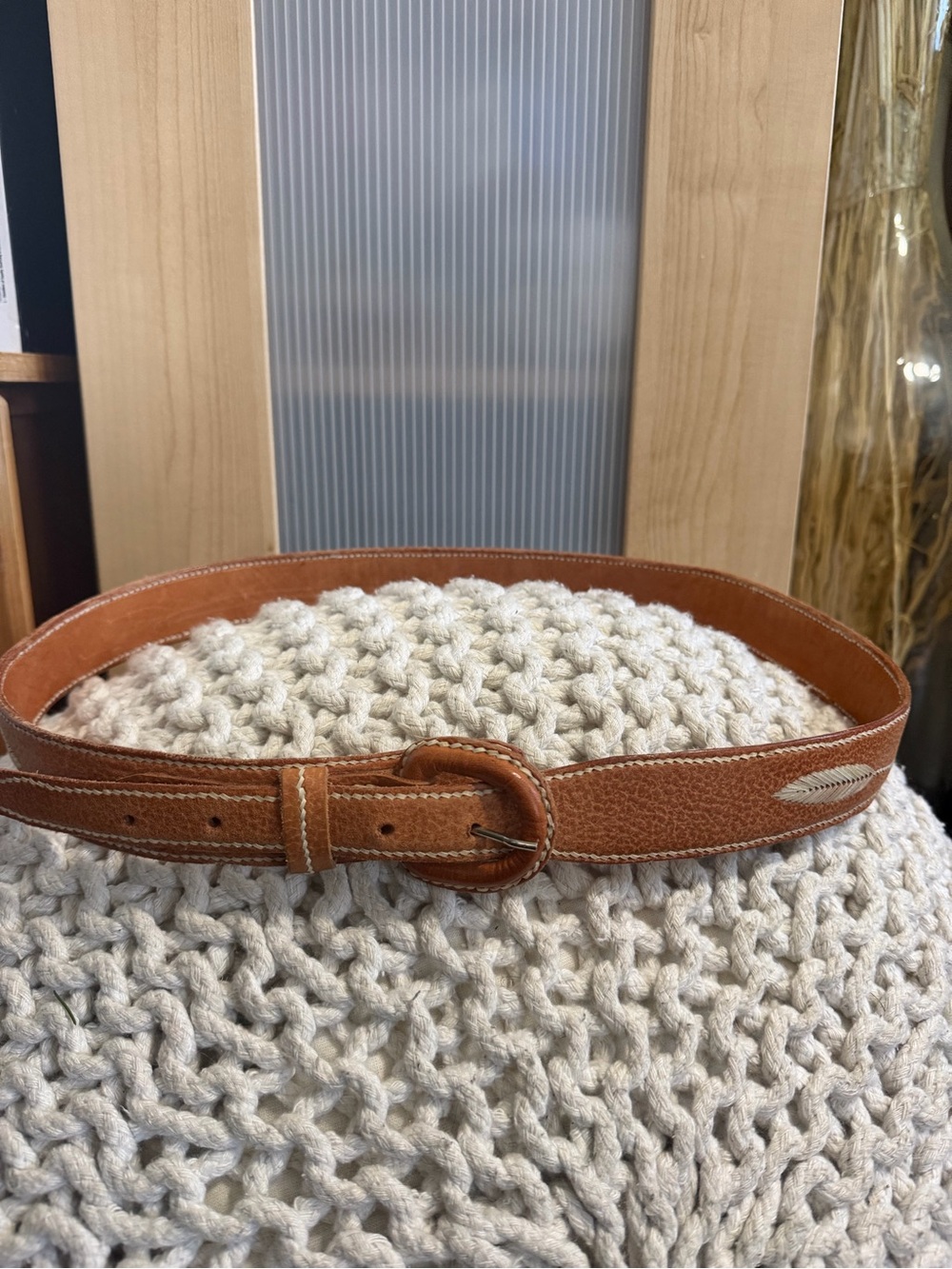 Vintage Leather Western Stitched Feather Belt Cognac Tan Size 36